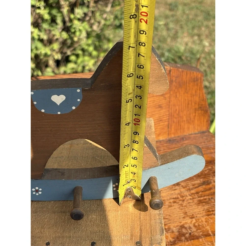 Wooden Rocking Horse Wall Hanging Blue Saddle Heart 3 Hooks Cottagecore 7